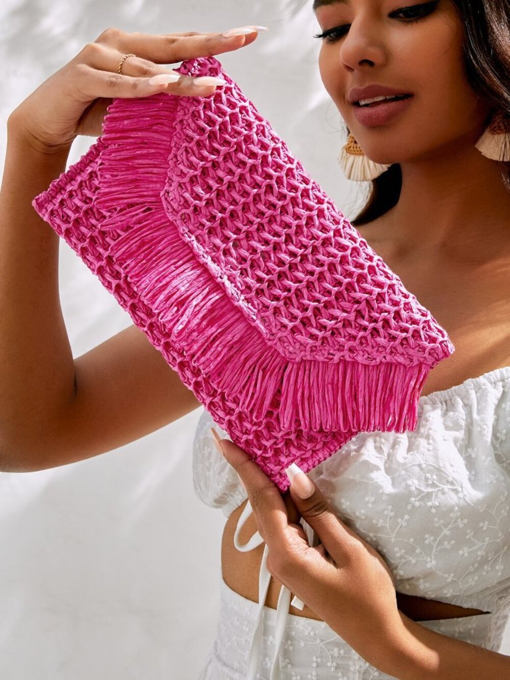 Hot Pink Straw Woven Women's Vacation Bag with Fringe Flap - Picture 5 of 5